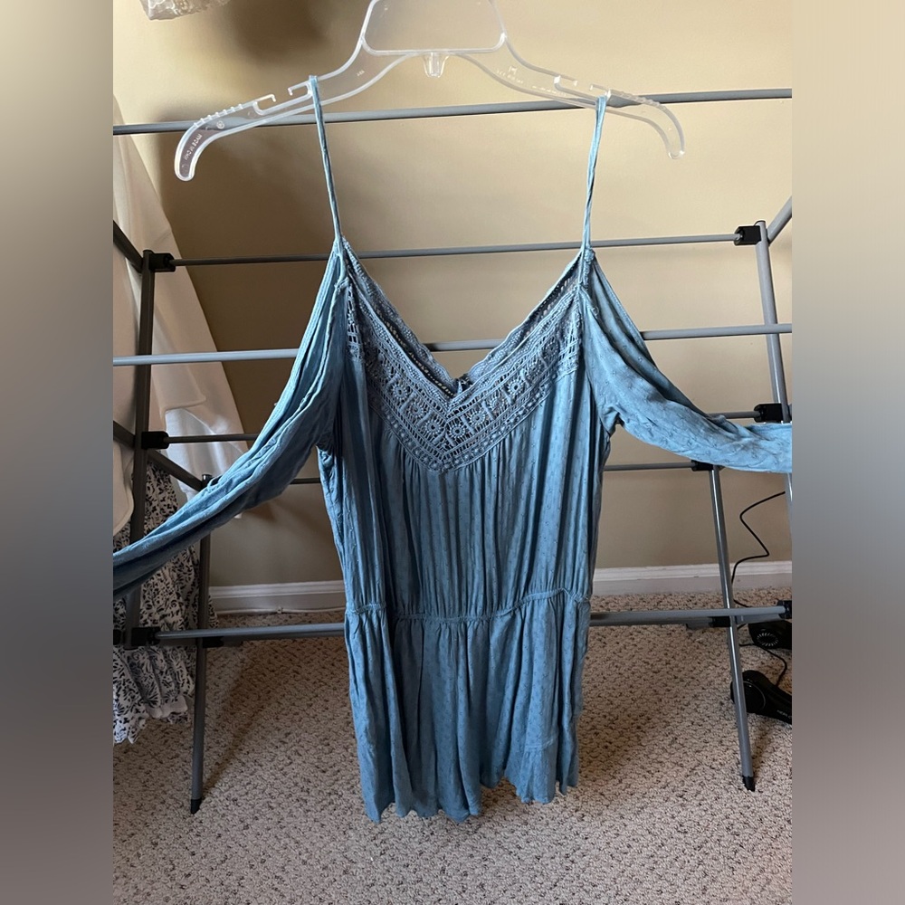 Blue Cold Shoulder Long Sleeve Romper